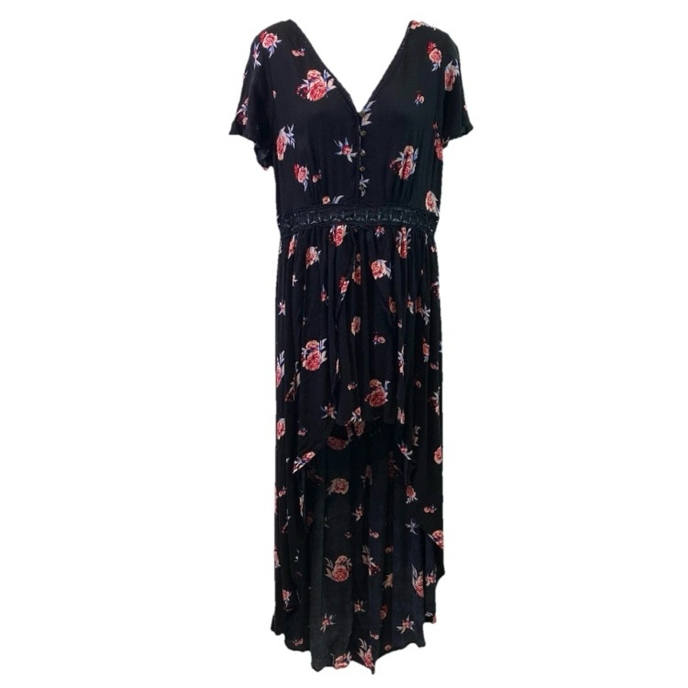 Xhilaration Womens Romper Skirted Black Floral Roses Boho Festival Whimsigoth L
